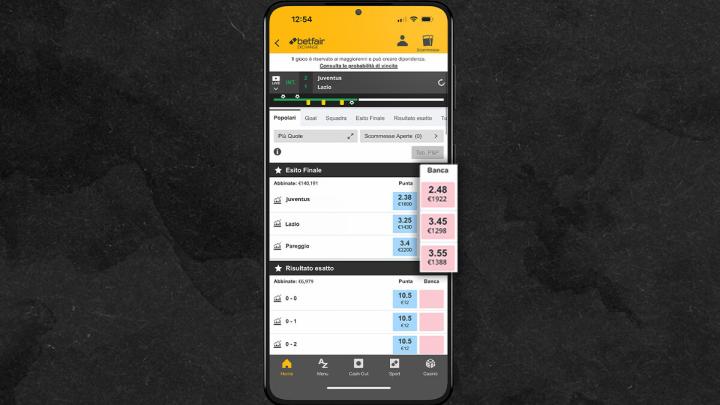 La sezione Banca nella schermata di Betting Exchange di Betfair